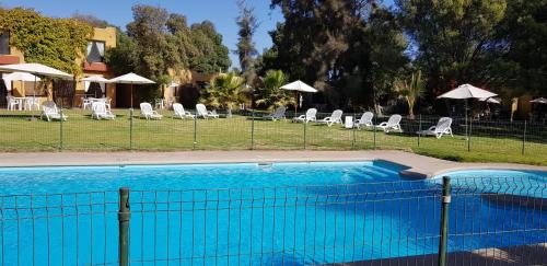 a blue swimming pool with white chairs and umbrellas at Stellamar Apart Hotel in La Serena