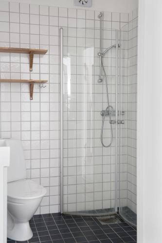 a bathroom with a shower and a toilet at Sköna Hönor Apartments in Visby