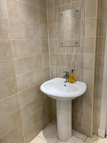 a bathroom with a white sink and a mirror at Dunfermline GF flat, 5 min walk to Train St. and High St. in Dunfermline