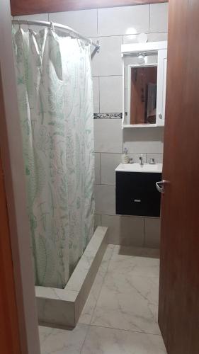 ein Badezimmer mit Duschvorhang und Waschbecken in der Unterkunft Casa vista al Rio Parana Vuelta de Obligado in San Pedro