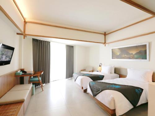 ILLIRA Hotel Banyuwangi في بانيووانجى: غرفه فندقيه سريرين وتلفزيون