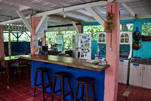 cocina con encimera azul y taburetes en Hidden Jungle Beach House, en Puerto Viejo