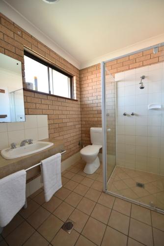 a bathroom with a toilet, sink and shower stall at Albury Allawa Motor Inn in Albury