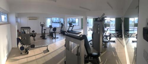 a gym with treadmills and ellipticals in a room at Penthouse With Breathtaking Panoramic Views of Mediterranean sea and Mountain in Akanthou