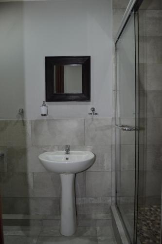 a bathroom with a sink and a glass shower at African Sands Guesthouse LOAD SHEDDING FREE in Bloemfontein