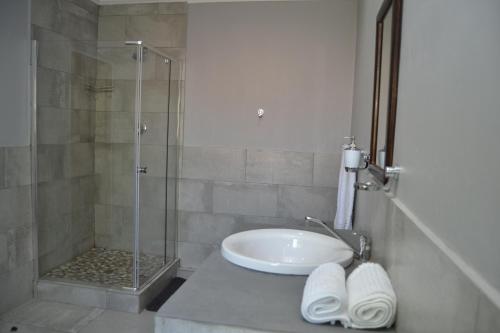 a bathroom with a sink and a shower at African Sands Guesthouse LOAD SHEDDING FREE in Bloemfontein