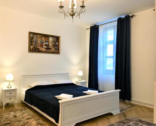 sypialnia z łóżkiem i oknem w obiekcie White Wolf Apartment w Braszowie