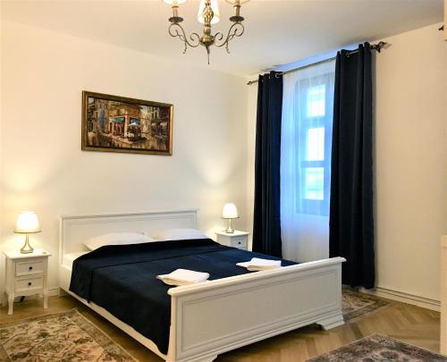 a bedroom with a bed and a window at White Wolf Apartment in Braşov