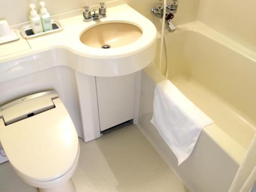 a bathroom with a sink and a toilet and a tub at Hotel Green Park in Sendai