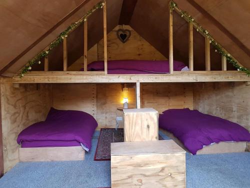 2 literas en una cabaña de madera con almohadas moradas en Bell Tent Glamping at Royal Victoria Country Park, en Southampton