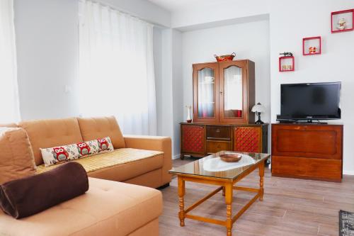a living room with a couch and a tv at Foxxy Luxury Apartments in Skopje