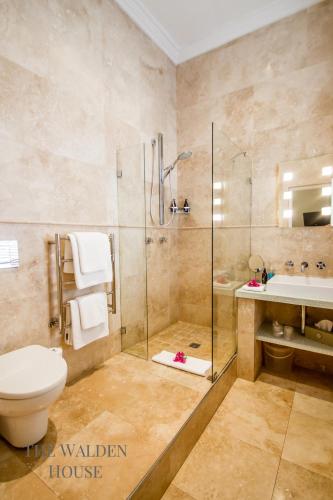 a bathroom with a shower and a toilet and a sink at The Walden House in Cape Town
