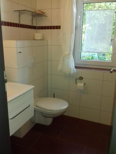La salle de bains blanche est pourvue de toilettes et d'une fenêtre. dans l'établissement Fewo 1 Waren Müritz - Haus Buchen am Tiefwarensee - 1 Zi, à Waren