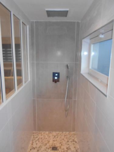 a bathroom with a shower with a window and a sink at 4MIN ORLEANS APPT 1CHB PLEIN AU CALME AVEC TERRASSE ET PARKING DEVANT in Saint-Jean-de-Braye