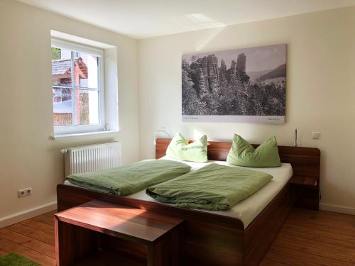 a bedroom with a large bed with green sheets at Apartment Felswelten in Bielatal