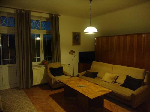 een woonkamer met een bank en een salontafel bij Amálie Vila 1921 secesní nostalgie in Olomouc
