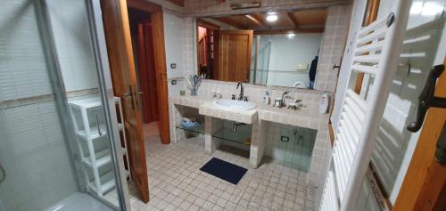 bagno con lavandino e grande specchio di SNOW HOUSE a Rivisondoli