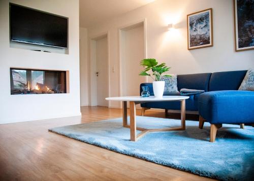 a living room with a couch and a table and a fireplace at Apartmenthaus Feldberg in Feldberg