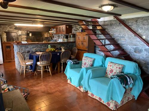 ファハ・ダ・オヴェルハにあるCASA DOS FALCÕES casa rural de construção tradicionalのリビングルーム(青いソファ、テーブル付)