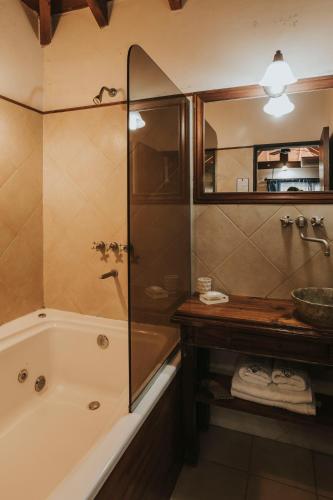 a bathroom with a shower and a tub and a sink at La Guarida Hotel & Spa in Capilla del Monte