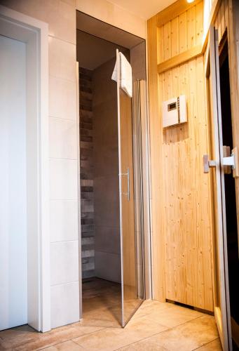 a glass door leading to a shower in a room at Apartmenthaus Feldberg in Feldberg