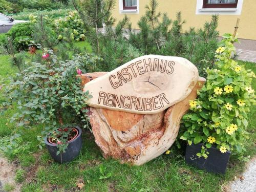 um grande toco de árvore sentado na relva com plantas em Gästehaus Reingruber em Ried im Traunkreis
