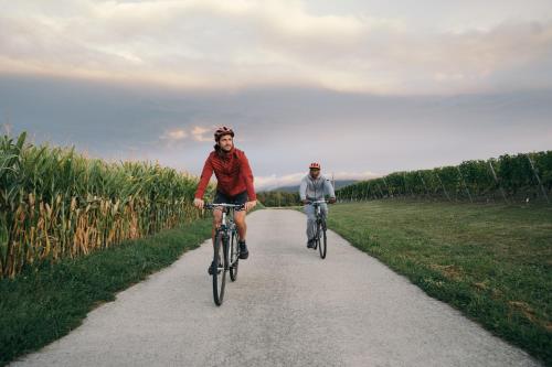 two men riding bikes down a path in a field at Everness Hotel & Resort in Chavannes-de-Bogis