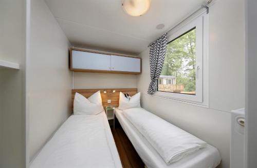 two beds in a small room with a window at KNAUS Campingpark Walkenried in Walkenried