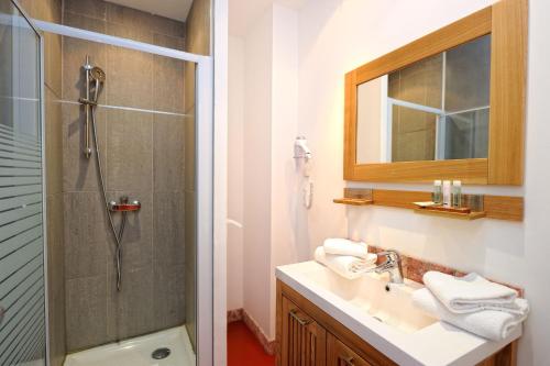 a bathroom with a shower and a sink and a mirror at Appartement du Tourisme in Zonza