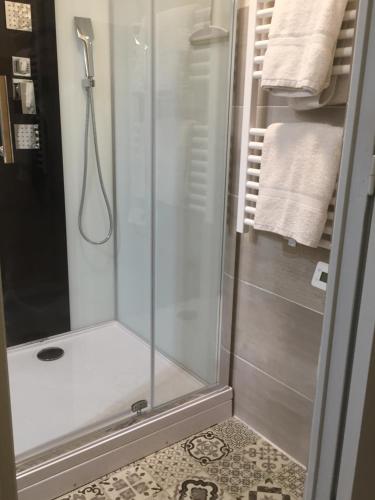 een douche met een glazen deur in de badkamer bij Rare Maison au centre ville avec terrasse et clim Arles Camargue in Arles