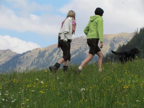 two girls walking in a field with a dog at Almland Hütte in Pusterwald