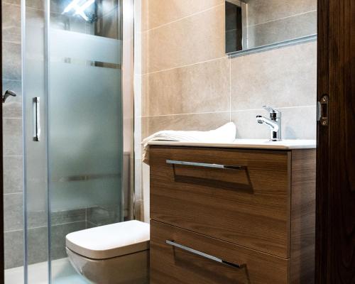 a bathroom with a toilet and a sink and a shower at Casa Nastasia in A Pontenova