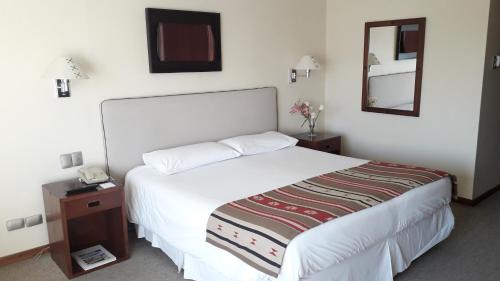 a hotel room with a bed and a mirror at Almacruz Hotel y Centro de Convenciones (Ex Galerías) in Santiago