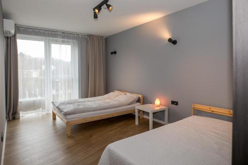 - une chambre avec 2 lits et une fenêtre dans l'établissement Spacious and sunny apartment in Birstonas center, à Birštonas