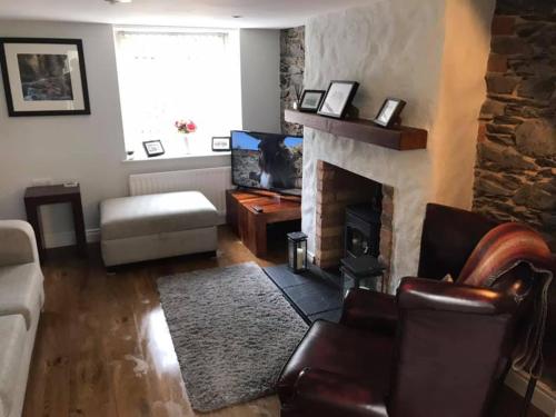 a living room with a fireplace and a couch and chair at Arthur Street Guest Cottage No16 in Hillsborough