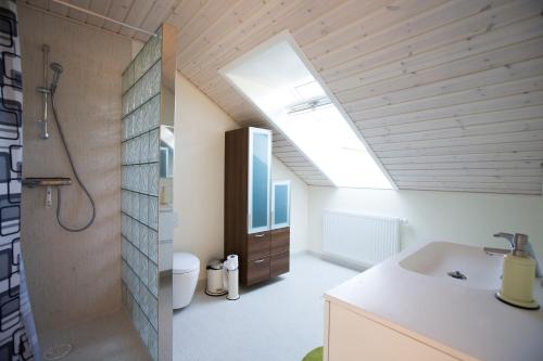 uma casa de banho com um chuveiro e um lavatório num quarto em Klærke Hostel em Skanderborg