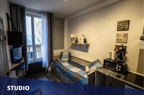 a living room with a couch and a tv at Les Apparts de Blossac Poitiers in Poitiers