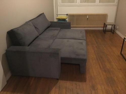 - un canapé gris dans le salon doté de parquet dans l'établissement Appart du centre, à Saint-Étienne