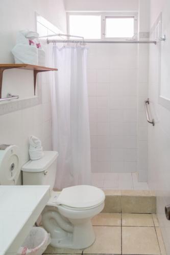 a white bathroom with a toilet and a shower at Hotel Casa Amelia in Flores