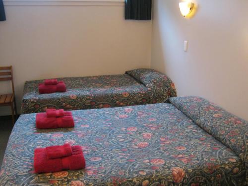 two beds in a room with red pillows on them at Blue Dolphin Motel in Timaru