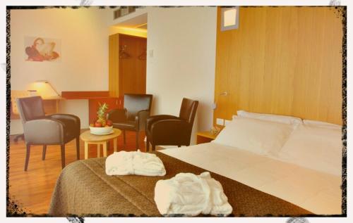 フォルリにあるエグゼクティブ ホテルのベッドと椅子が備わるホテルルームです。