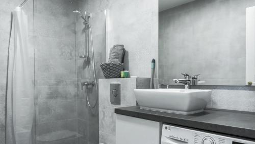 派尔努Kalamehe Modern Apartment 1 near City center的带水槽和淋浴的浴室