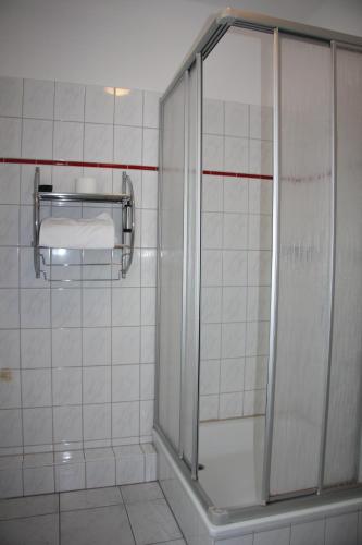 a bathroom with a shower with a glass door at Hotel und Restaurant Knesebecker Hof in Knesebeck
