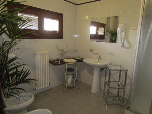 ein Badezimmer mit einem Waschbecken, einem WC und einem Spiegel in der Unterkunft Ristorante Alloggio Ostello Amolara in Adria