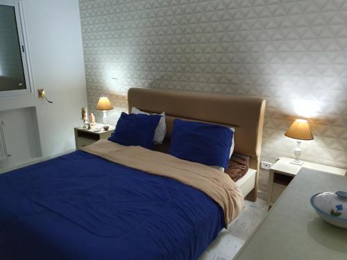 ein Schlafzimmer mit einem blauen Bett mit zwei blauen Kissen in der Unterkunft Luxury and Splendid 2 Bedrooms Apartment in Jardin De Carthage Tunis in Tunis