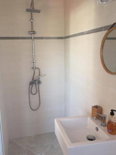 a white bathroom with a shower and a sink at Studio STEP'RUN in Saint-Pierre