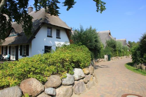 a house with a stone wall next to a driveway at Ferienhäuser Dünenmeer in Dierhagen