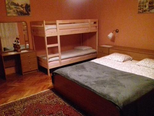 - une chambre avec 2 lits superposés et un bureau dans l'établissement Apartma Kolpa, à Gradac