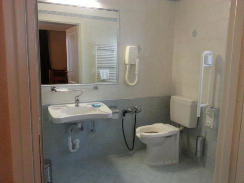 a bathroom with a sink and a toilet and a mirror at Gran Osteria Tre Noci in Sistiana