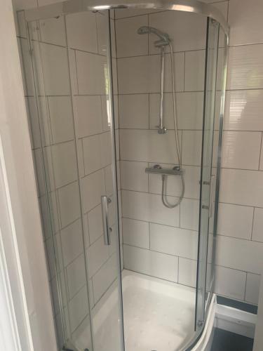um chuveiro com uma porta de vidro na casa de banho em Hagley Hotel em Birmingham